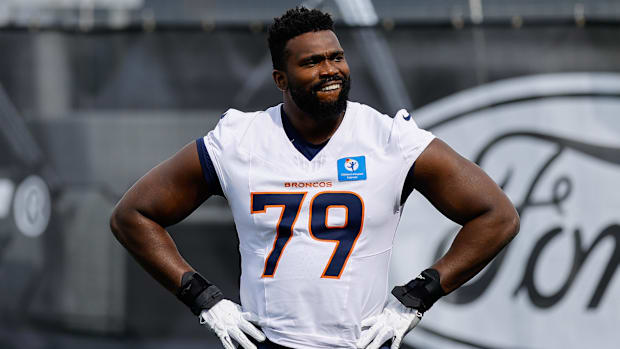 Denver Broncos offensive tackle Matt Peart (79) during training camp at Broncos Park Powered by CommonSpirit.