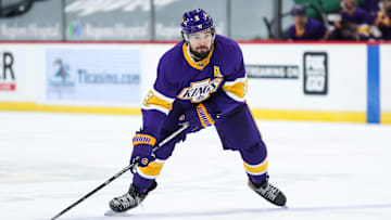 Feb 27, 2021; Saint Paul, Minnesota, USA; Los Angeles Kings defenseman Drew Doughty (8) in action in the third period during a game against the Minnesota Wild at Xcel Energy Center. Mandatory Credit: David Berding-Imagn Images
