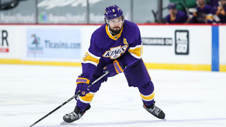 Feb 27, 2021; Saint Paul, Minnesota, USA; Los Angeles Kings defenseman Drew Doughty (8) in action in the third period during a game against the Minnesota Wild at Xcel Energy Center. Mandatory Credit: David Berding-Imagn Images