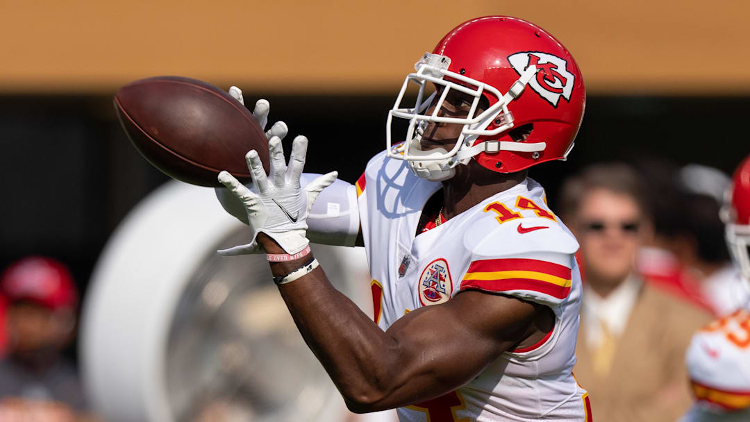 August 14, 2021; Santa Clara, California, USA; Kansas City Chiefs wide receiver Cornell Powell (14) before the game against the San Francisco 49ers at Levi's Stadium. Mandatory Credit: Kyle Terada-Imagn Images