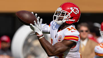 August 14, 2021; Santa Clara, California, USA; Kansas City Chiefs wide receiver Cornell Powell (14) before the game against the San Francisco 49ers at Levi's Stadium. Mandatory Credit: Kyle Terada-Imagn Images