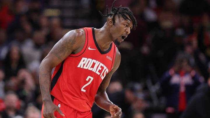 HOUSTON, TEXAS - MARCH 16: Dorian Finney-Smith #2 of the Houston Rockets reacts against the Lakers. (Photo by Alex Slitz/Getty Images)