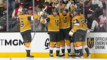 Mar 22, 2025; Las Vegas, Nevada, USA; Vegas Golden Knights center Tomas Hertl (48) celebrates with teammates after scoring his third goal of the game against the Detroit Red Wings during the second period at T-Mobile Arena. Mandatory Credit: Stephen R. Sylvanie-Imagn Images
