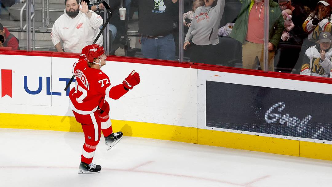 Mar 4, 2026; Detroit, Michigan, USA;  Detroit Red Wings defenseman Simon Edvinsson (77) celebrates after scoring in the first period against the Vegas Golden Knights at Little Caesars Arena. Mandatory Credit: Rick Osentoski-Imagn Images