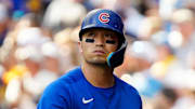 Chicago Cubs right fielder Seiya Suzuki (27) looks to the score board after being called out on strikes during the third inning of the National League Division Series game against the Milwaukee Brewers on Saturday October 4, 2025 at American Family Field in Milwaukee, Wisconsin.
