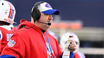 Dec 1, 2024; Foxborough, Massachusetts, USA; New England Patriots offensive coordinator Alex Van Pelt works on the sideline during the second half against the New England Patriots at Gillette Stadium. Mandatory Credit: Eric Canha-Imagn Images