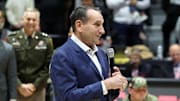 Nov 11, 2025; West Point, New York, USA; Former Duke Blue Devils and Army head coach Mike Krzyzewski is honored by West Point before a game between the Army Black Knights and Duke Blue Devils at Christl Arena. Mandatory Credit: Danny Wild-Imagn Images