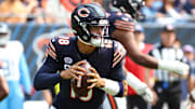 Sep 8, 2024; Chicago, Illinois, USA; Chicago Bears quarterback Caleb Williams (18) drops back to pass against the Tennessee Titans during the second quarter at Soldier Field. Mandatory Credit: Mike Dinovo-Imagn Images