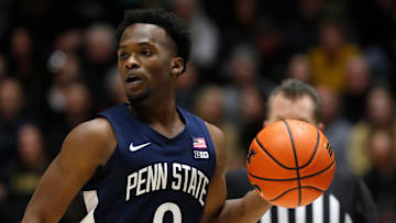 Penn State Nittany Lions guard Kanye Clary (0) drives to the basket during the NCAA men   s basketball game against the Purdue Boilermakers, Saturday, Jan. 13, 2024, at Mackey Arena in West Lafayette, Ind.