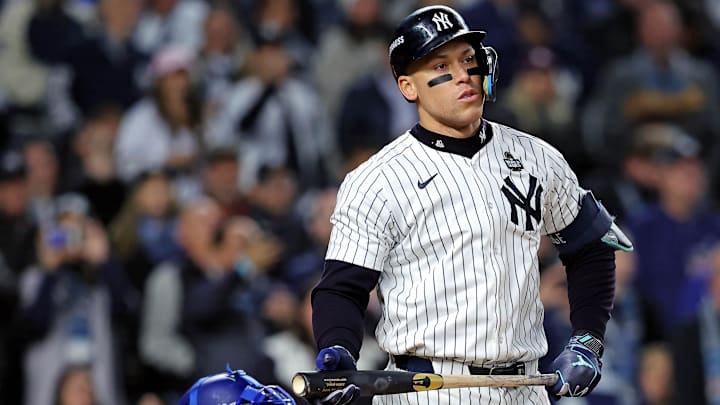 Oct 28, 2024; New York, New York, USA; New York Yankees outfielder Aaron Judge (99) reacts after striking out during the first inning against the Los Angeles Dodgers in game three of the 2024 MLB World Series at Yankee Stadium. Mandatory Credit: Brad Penner-Imagn Images