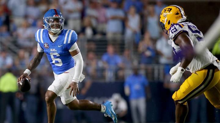 Sep 19, 2026; Oxford, Mississippi, USA; Mississippi Rebels quarterback Trinidad Chambliss (6) looks for an open receiver during the second quarter against the LSU Tigers at Vaught-Hemingway Stadium. Mandatory Credit: Petre Thomas-Imagn Images
