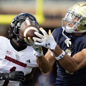 Notre Dame wide receiver Jaden Greathouse, right, drops a catch with Northern Illinois defensive back Jashon Prophete chasing during a NCAA college football game between Notre Dame and Northern Illinois at Notre Dame Stadium on Saturday, Sept. 7, 2024, in South Bend.