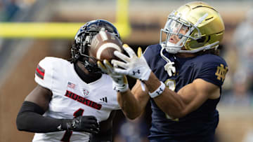 Notre Dame wide receiver Jaden Greathouse, right, drops a catch with Northern Illinois defensive back Jashon Prophete chasing during a NCAA college football game between Notre Dame and Northern Illinois at Notre Dame Stadium on Saturday, Sept. 7, 2024, in South Bend.