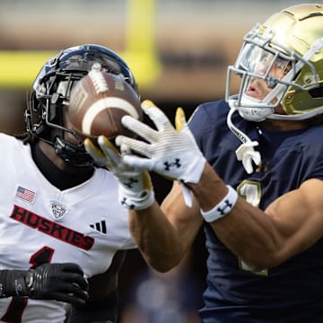 Notre Dame wide receiver Jaden Greathouse, right, drops a catch with Northern Illinois defensive back Jashon Prophete chasing during a NCAA college football game between Notre Dame and Northern Illinois at Notre Dame Stadium on Saturday, Sept. 7, 2024, in South Bend.