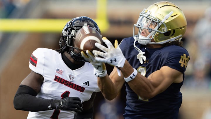 Notre Dame wide receiver Jaden Greathouse, right, drops a catch with Northern Illinois defensive back Jashon Prophete chasing during a NCAA college football game between Notre Dame and Northern Illinois at Notre Dame Stadium on Saturday, Sept. 7, 2024, in South Bend.