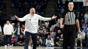 Penn State Nittany Lions head coach Mike Rhoades argues a call with the official at the end of the game against the Oregon Ducks at Bryce Jordan Center. Oregon defeated Penn State 82-81. 