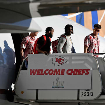 Jan 26, 2020; Miami, Florida, USA; Kansas City Chiefs quarterback Patrick Mahomes (15) exits the plane after  arriving at Miami International airport to play the San Francisco 49ers in Super Bowl LIV.