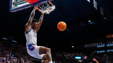 Feb 3, 2024; Lawrence, Kansas, USA; Kansas Jayhawks forward K.J. Adams Jr. (24) dunks the ball