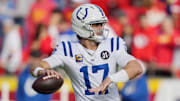 Nov 23, 2025; Kansas City, Missouri, USA; Indianapolis Colts quarterback Daniel Jones (17) warms up before the game against the Kansas City Chiefs at GEHA Field at Arrowhead Stadium. 