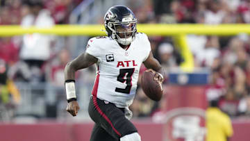 Oct 19, 2025; Santa Clara, California, USA; Atlanta Falcons quarterback Michael Penix Jr. (9) runs with the ball during the second quarter against the San Francisco 49ers at Levi's Stadium. Mandatory Credit: Kyle Terada-Imagn Images