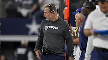 Aug 16, 2025; Arlington, Texas, USA; Dallas Cowboys defensive coordinator Matt Eberflus looks on during the game between the Dallas Cowboys and the Baltimore Ravens at AT&T Stadium. Mandatory Credit: Jerome Miron-Imagn Images
