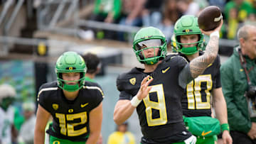Oregon quarterback Dillon Gabriel throws during warmups ahead of the Oregon Ducks’ Spring Game Saturday, April 27. 2024 at Autzen Stadium in Eugene, Ore.