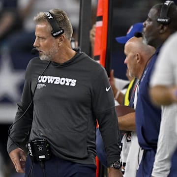 Dallas Cowboys defensive coordinator Matt Eberflus looks on during a game against the Baltimore Ravens at AT&T Stadium. 