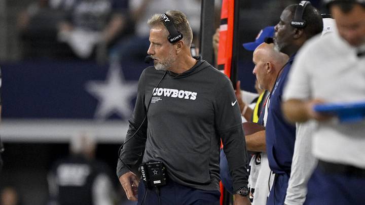 Aug 16, 2025; Arlington, Texas, USA; Dallas Cowboys defensive coordinator Matt Eberflus looks on during the game between the Dallas Cowboys and the Baltimore Ravens at AT&T Stadium. Mandatory Credit: Jerome Miron-Imagn Images