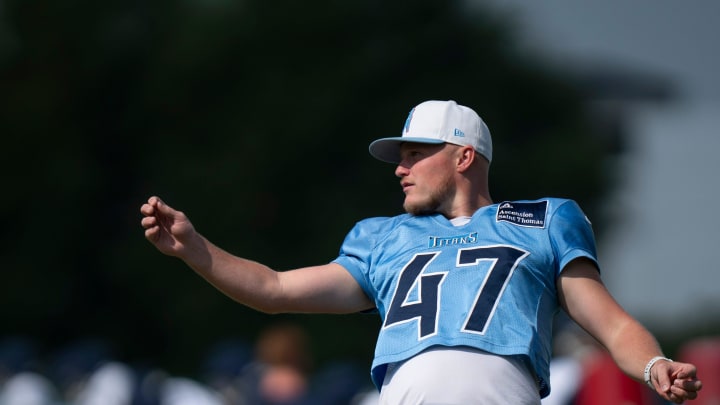 Tennessee Titans place kicker Brayden Narveson (47) goes through drills on the last day of training camp at Ascension Saint Thomas Sports Park in Nashville, Tenn., Thursday, Aug. 22 2024.