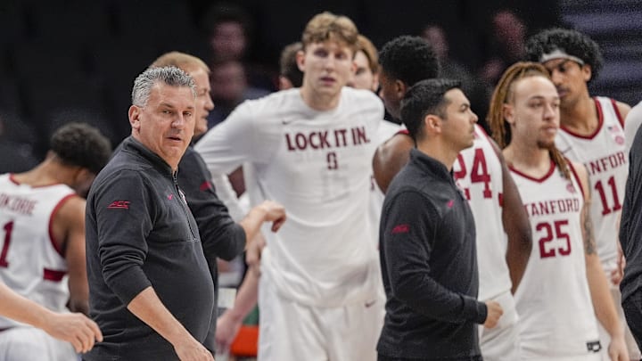 Mar 10, 2026; Charlotte, NC, USA; Stanford Cardinal head coach Kyle Smith reacts to a call during the first half against the Pittsburgh Panthers at Spectrum Center.