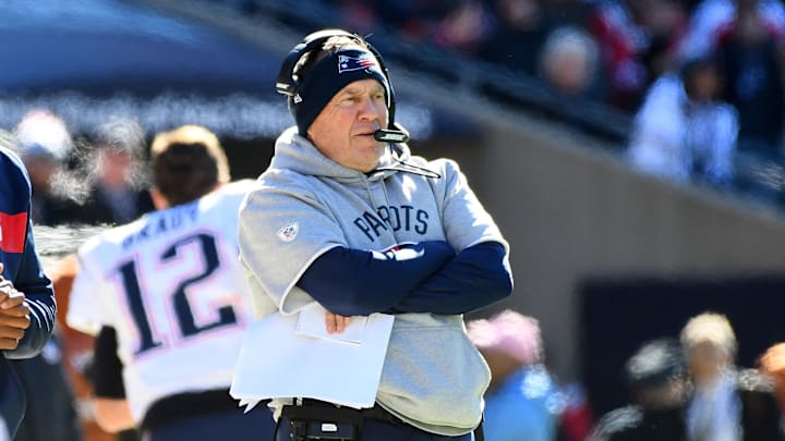 New England Patriots head coach Bill Belichick during the first half against the Chicago Bears at Soldier Field. New England Patriots head coach Bill Belichick during the first half against the Chicago Bears at Soldier Field.