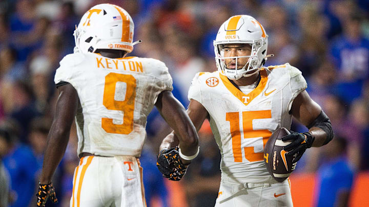 Tennessee wide receiver Bru McCoy (15) is congratulated by Tennessee wide receiver Ramel Keyton (9) after scoring a touchdown during a football game between Tennessee and Florida at Ben Hill Griffin Stadium in Gainesville, Fla., on Saturday, Sept. 16, 2023.