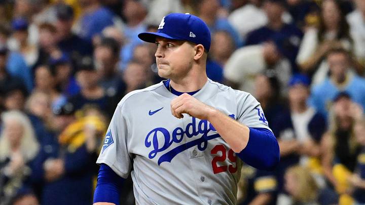Oct 11, 2026; Milwaukee, Wisconsin, USA;  Los Angeles Dodgers pitcher Tarik Skubal (29) reacts during the fifth inning against the Milwaukee Brewers in game one of the NLCS for the 2026 MLB Playoffs at American Family Field.  Mandatory Credit: Benny Sieu-Imagn Images