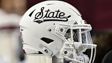 Nov 11, 2023; College Station, Texas, USA; Mississippi State Bulldogs helmet on the sideline during the game against the Texas A&M Aggies at Kyle Field. Mandatory Credit: Maria Lysaker-Imagn Images