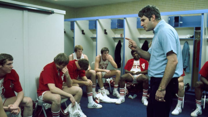 Indiana coach Bob Knight talks to his team in their locker room during the 1976 NCAA Final Four in Baton Rouge, LA.

Bob Knight Old Images 76 Locker Room