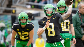 Oregon quarterback Dillon Gabriel throws during warmups ahead of the Oregon Ducks’ Spring Game Saturday, April 27. 2024 at Autzen Stadium in Eugene, Ore.
