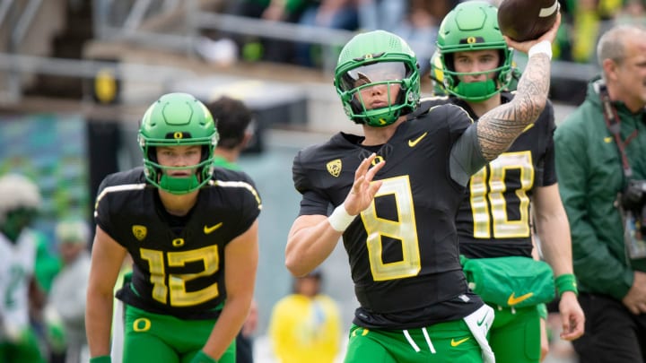 Oregon quarterback Dillon Gabriel throws during warmups ahead of the Oregon Ducks’ Spring Game Saturday, April 27. 2024 at Autzen Stadium in Eugene, Ore.