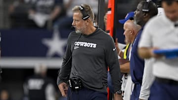Aug 16, 2025; Arlington, Texas, USA; Dallas Cowboys defensive coordinator Matt Eberflus looks on during the game between the Dallas Cowboys and the Baltimore Ravens at AT&T Stadium. Mandatory Credit: Jerome Miron-Imagn Images