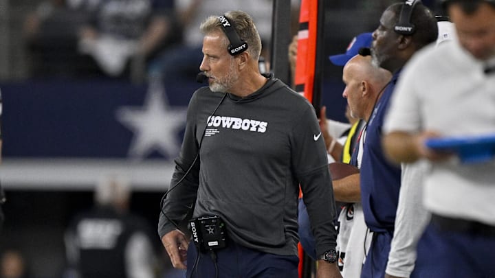 Aug 16, 2025; Arlington, Texas, USA; Dallas Cowboys defensive coordinator Matt Eberflus looks on during the game between the Dallas Cowboys and the Baltimore Ravens at AT&T Stadium. Mandatory Credit: Jerome Miron-Imagn Images