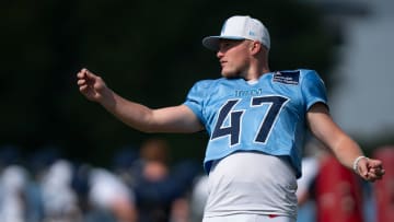 Tennessee Titans place kicker Brayden Narveson (47) goes through drills on the last day of training camp at Ascension Saint Thomas Sports Park in Nashville. Narveson was claimed off waivers by the Green Bay Packers.