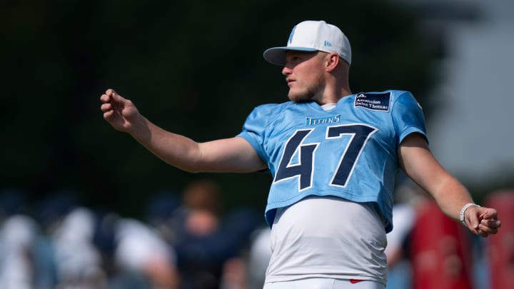 Tennessee Titans place kicker Brayden Narveson (47) goes through drills on the last day of training camp at Ascension Saint Thomas Sports Park in Nashville. Narveson was claimed off waivers by the Green Bay Packers.