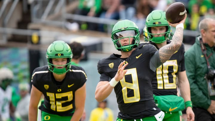 Oregon quarterback Dillon Gabriel throws during warmups ahead of the Oregon Ducks’ Spring Game Saturday, April 27. 2024 at Autzen Stadium in Eugene, Ore.