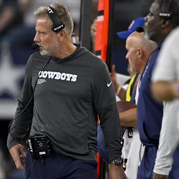 Dallas Cowboys defensive coordinator Matt Eberflus looks on during the game between the Cowboys and the Baltimore Ravens.