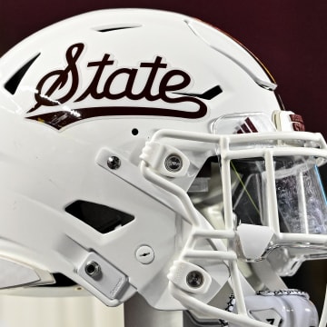 Nov 11, 2023; College Station, Texas, USA; Mississippi State Bulldogs helmet on the sideline during the game against the Texas A&M Aggies at Kyle Field. Mandatory Credit: Maria Lysaker-USA TODAY Sports