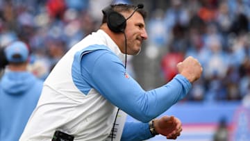 Dec 17, 2023; Nashville, Tennessee, USA; Tennessee Titans head coach Mike Vrabel reacts after a defensive stop during the first half against the Houston Texans at Nissan Stadium. Mandatory Credit: Christopher Hanewinckel-Imagn Images