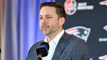 Mar 13, 2025; Foxborough, MA, USA; New England Patriots executive vice president of player personnel Eliot Wolf  discusses the teamís recent free agent additions with the media at Gillette Stadium. Mandatory Credit: Eric Canha-Imagn Images