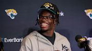 Apr 25, 2025; Jacksonville, FL, USA; Jacksonville Jaguars first round draft pick Travis Hunter talks to the media during a press conference at Miller Electric Center. Mandatory Credit: Travis Register-Imagn Images