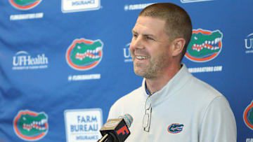 Florida Gators head football coach Billy Napier smiles after a question from a reporter during a weekly press conference at Ben Hill Griffin Stadium, in Gainesville, Feb. 11, 2022. Napier was asked about coaching hires, recruiting, his team preparation plans and also mentioned the Gators will begin Spring practice March 15.

Flgai 02112022 Napierufpresser 03