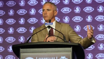 Jul 22, 2024; Charlotte, NC, USA; Florida State head coach Mike Norvell speaks to the media during ACC Kickoff at Hilton Charlotte Uptown. Mandatory Credit: Jim Dedmon-USA TODAY Sports