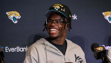 Apr 25, 2025; Jacksonville, FL, USA; Jacksonville Jaguars first round draft pick Travis Hunter talks to the media during a press conference at Miller Electric Center. Mandatory Credit: Travis Register-Imagn Images